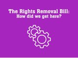 Purple background with cog wheels and white text reading Rights Removal Bill: How did we get here?